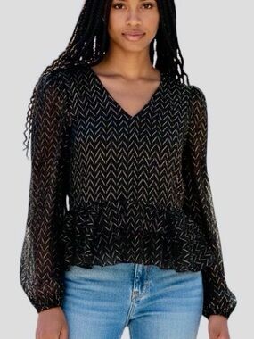 Halogen Black Sheer Chevron V-Neck Blouse with Gold Accents